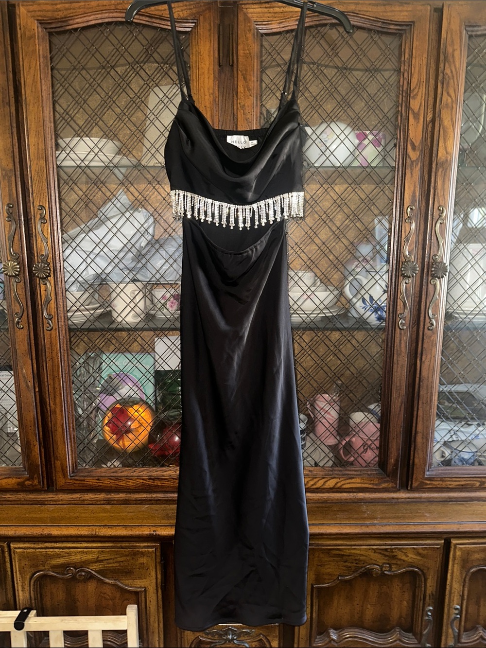 Hello Molly Black Satin Slip Dress with Crystal Fringe